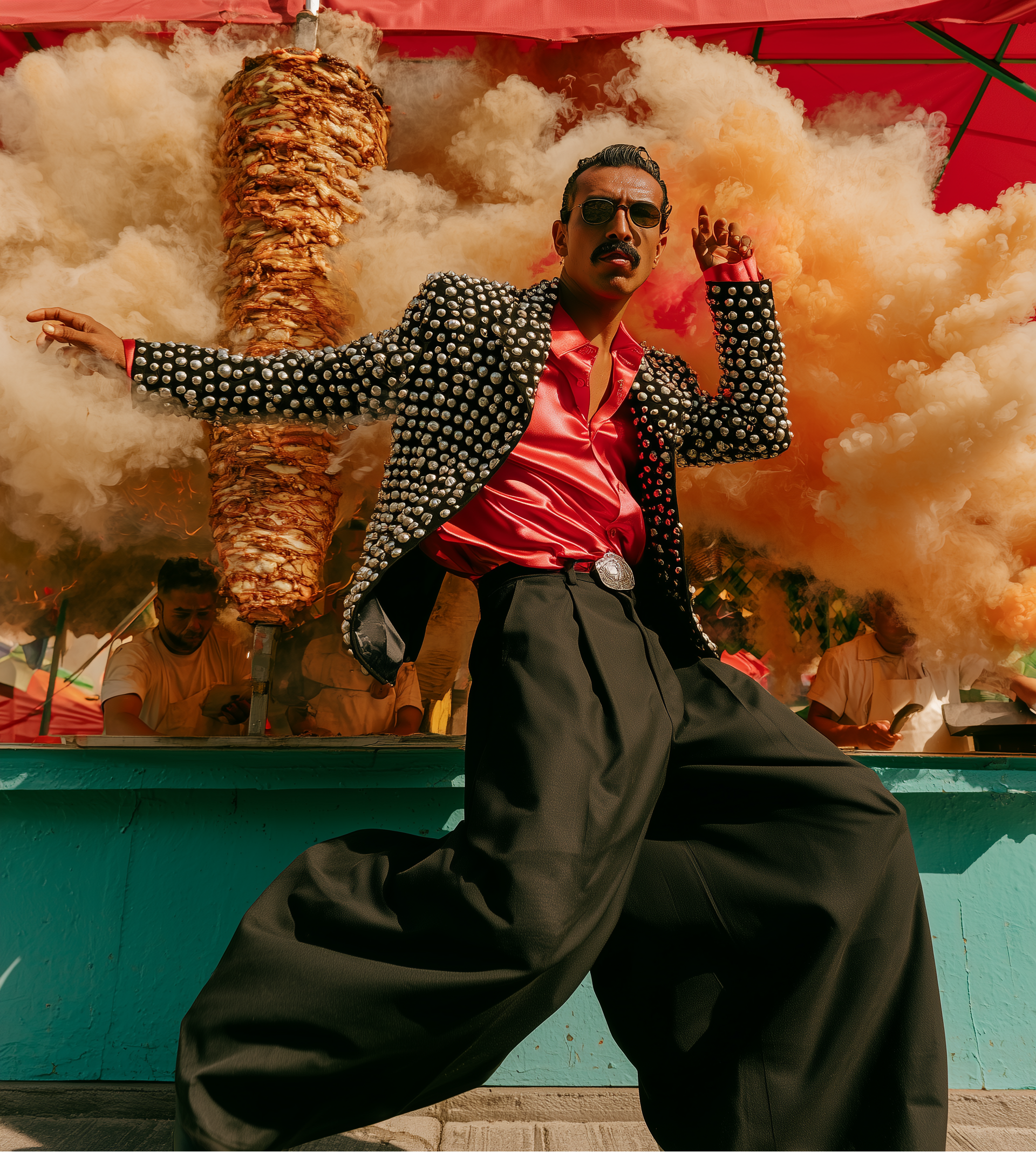 A man in a black and white polka dot blazer, bright pink shirt, and black wide-leg trousers dances in front of a large rotating meat skewer (shisha) stall with orange smoke and a red canopy.