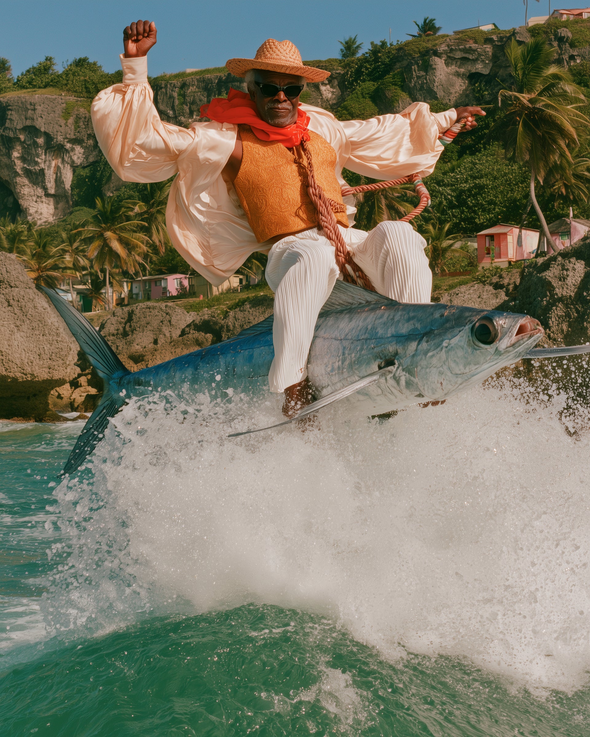 A man in a straw hat, white shirt, orange vest, and red scarf rides a large blue flying fish jumping through turquoise water, with rocky cliffs and palm trees in the background.