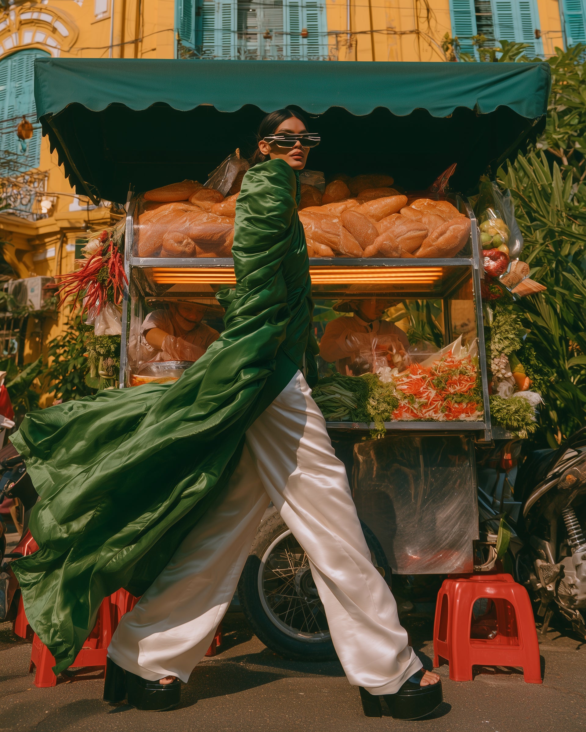 A model wearing a flowing dark green coat, white wide-leg trousers, and black sunglasses walks past a street food cart in an outdoor urban setting.