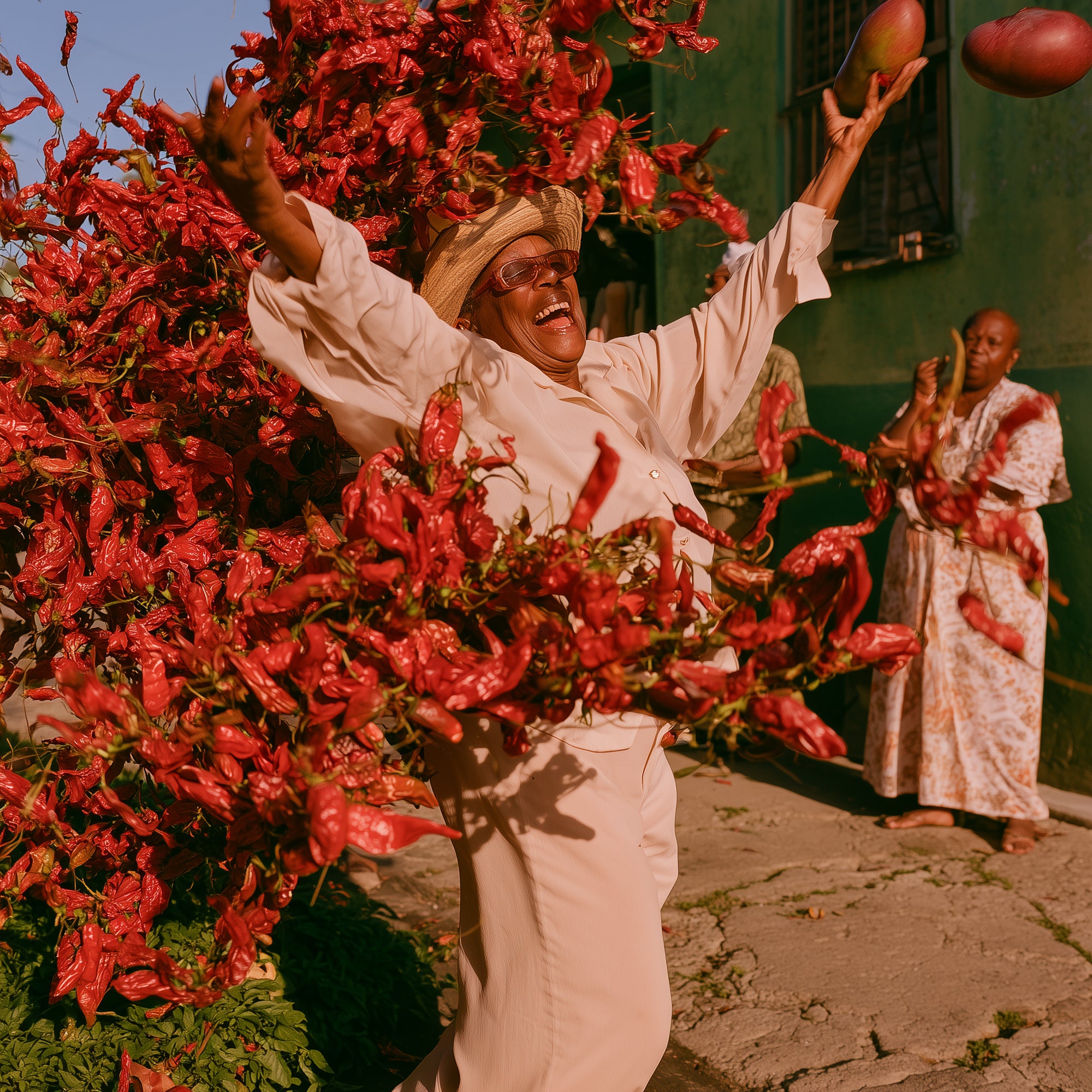 A person in a light beige outfit and straw hat holds up a large cluster of bright red chili peppers in an outdoor setting, with another person visible in the background near a green building.