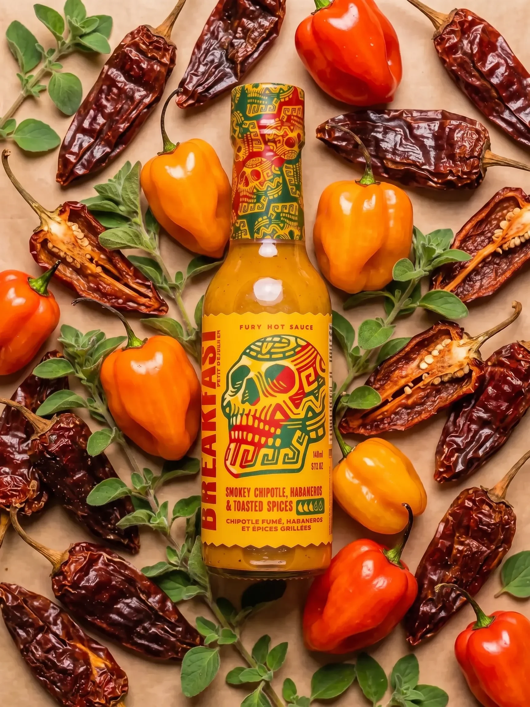 A bottle of Breakfast Hot Sauce centered on a kraft paper background, surrounded by whole and dried red and orange chili peppers with green herb sprigs. The bottle label features a colorful skull design and the brand name Breakfast Hot Sauce.
