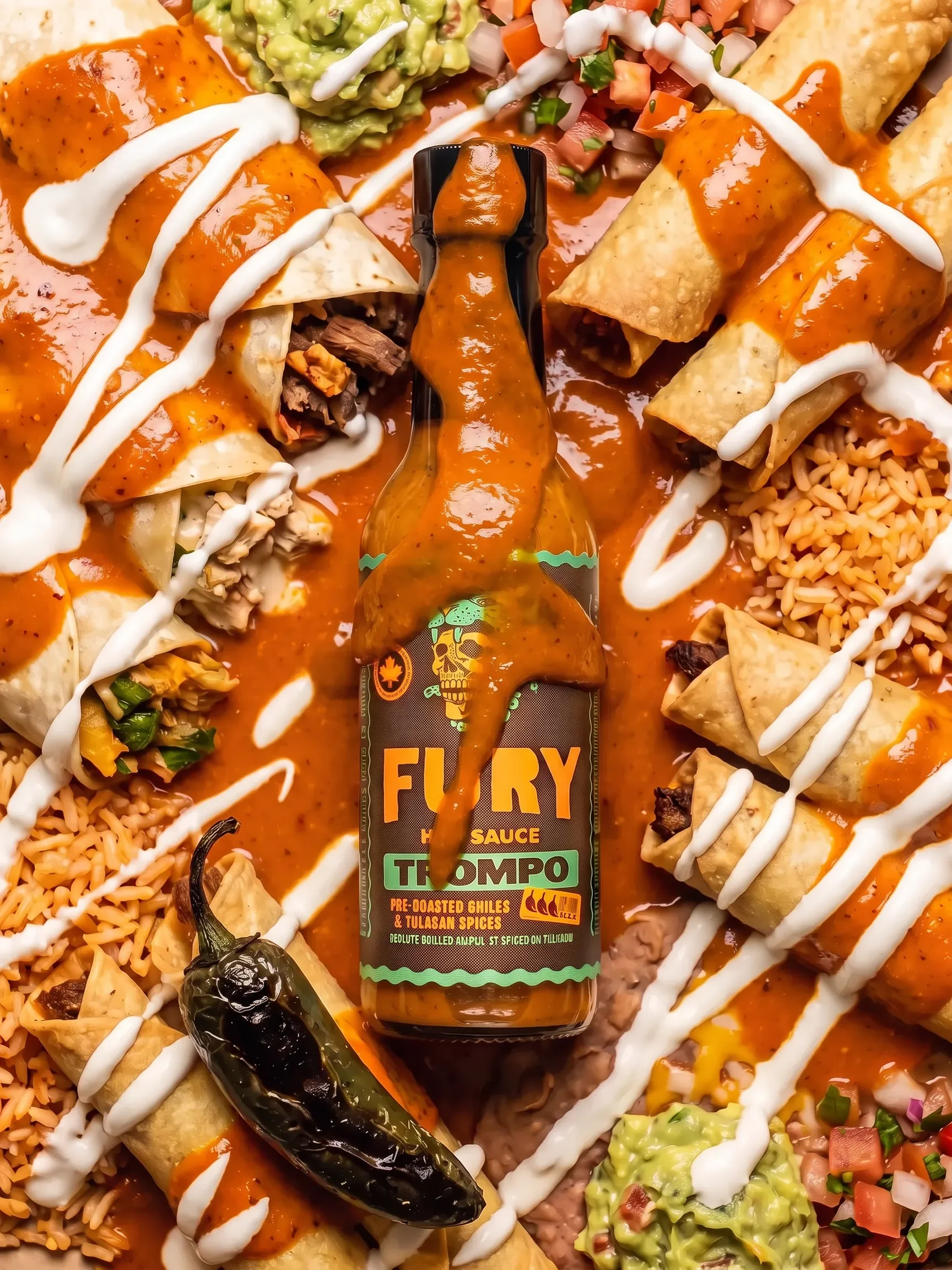  Fury Trompo hot sauce poured over a spread of flautas, Mexican rice, guacamole, and pico de gallo
