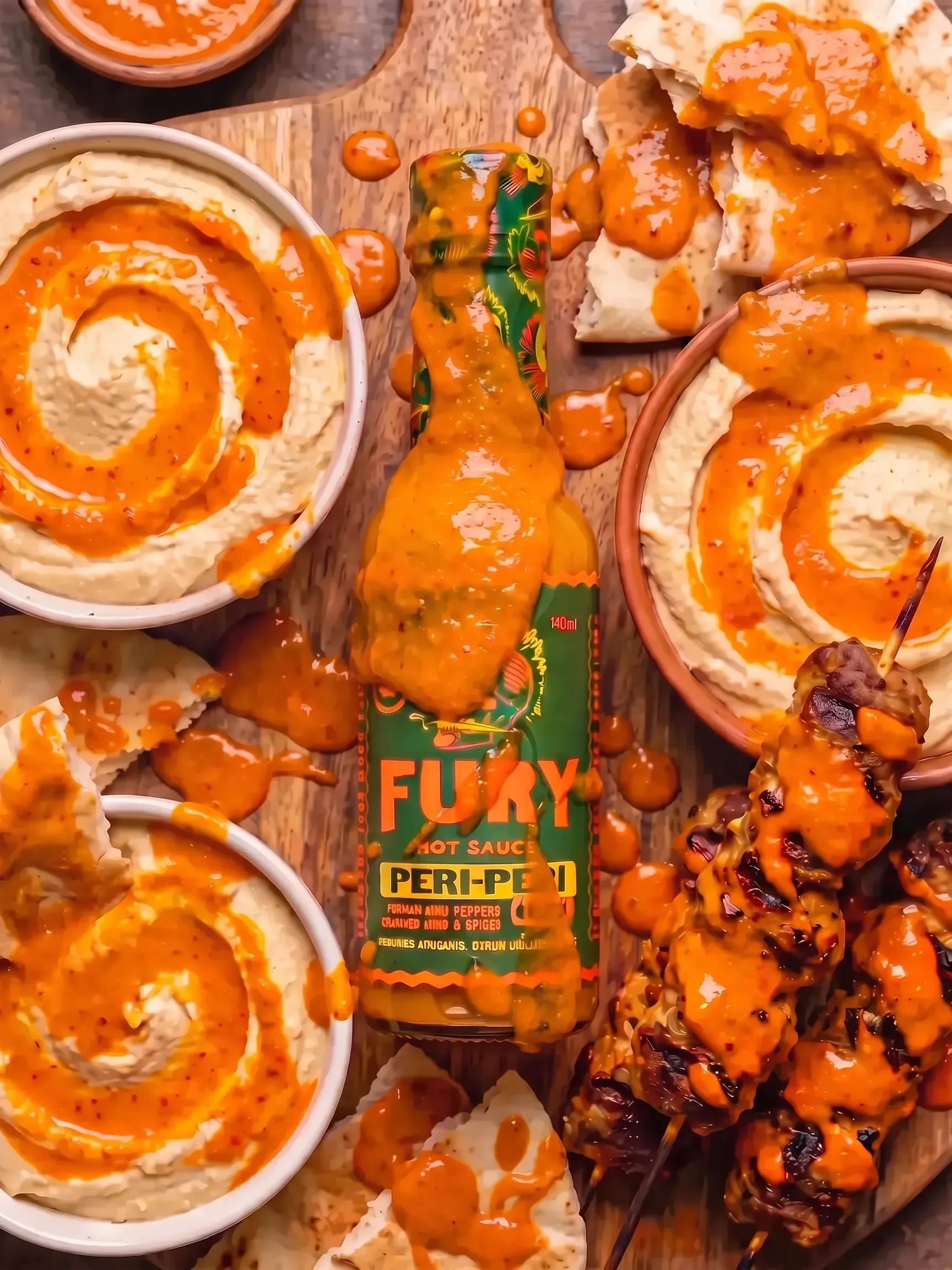 A bottle of Fury Hot Sauce Peri-Peri sauce surrounded by bowls of hummus, pita bread, and grilled skewers, all drizzled with the orange-red hot sauce on a wooden board.