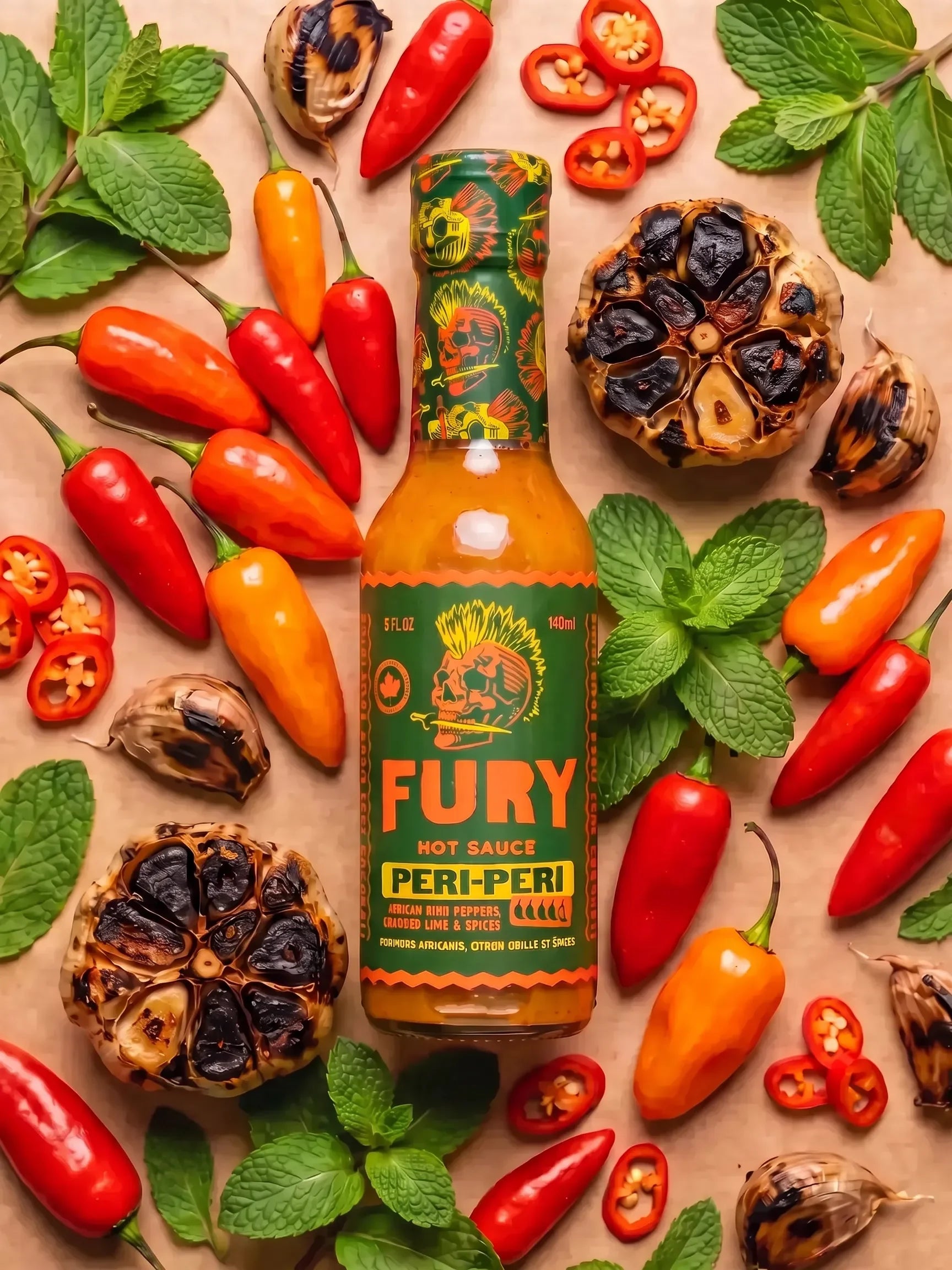 A bottle of FURY Hot Sauce Peri-Peri arranged on a beige surface with red and orange chili peppers, mint leaves, and roasted garlic cloves around it.