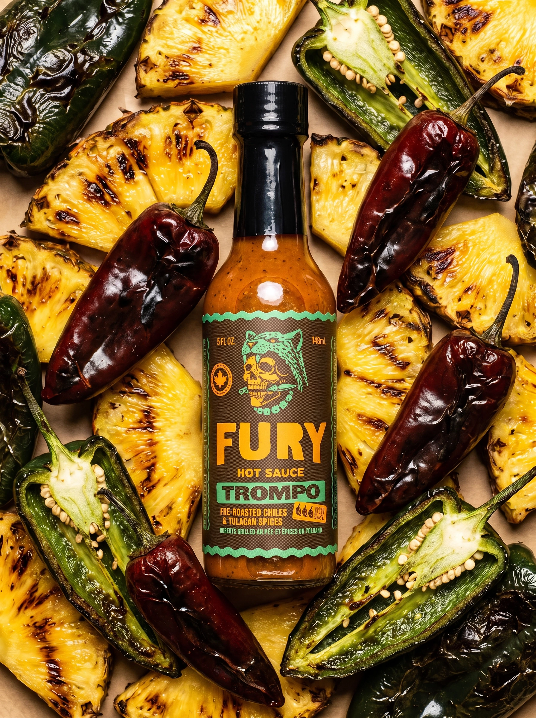 Fury Trompo hot sauce bottle surrounded by fire-roasted poblano peppers and grilled pineapple
