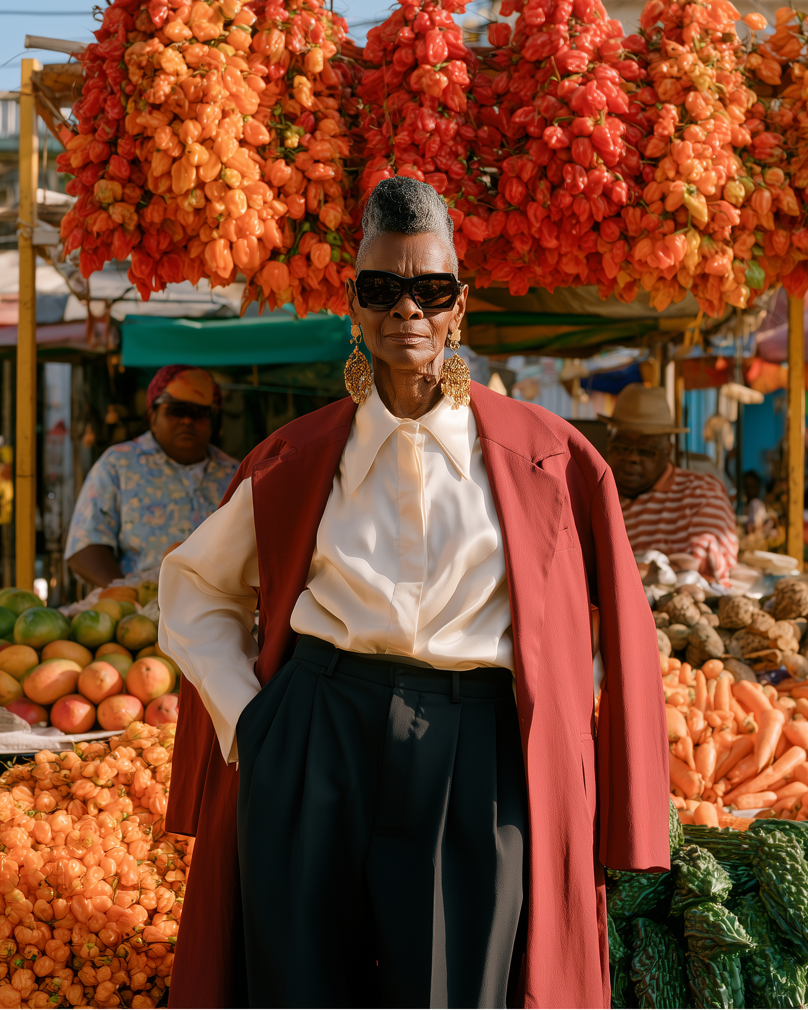 A person stands in a vibrant outdoor market wearing a rust-red coat over a cream shirt and dark trousers, with hanging orange fruits and produce stalls in the background.