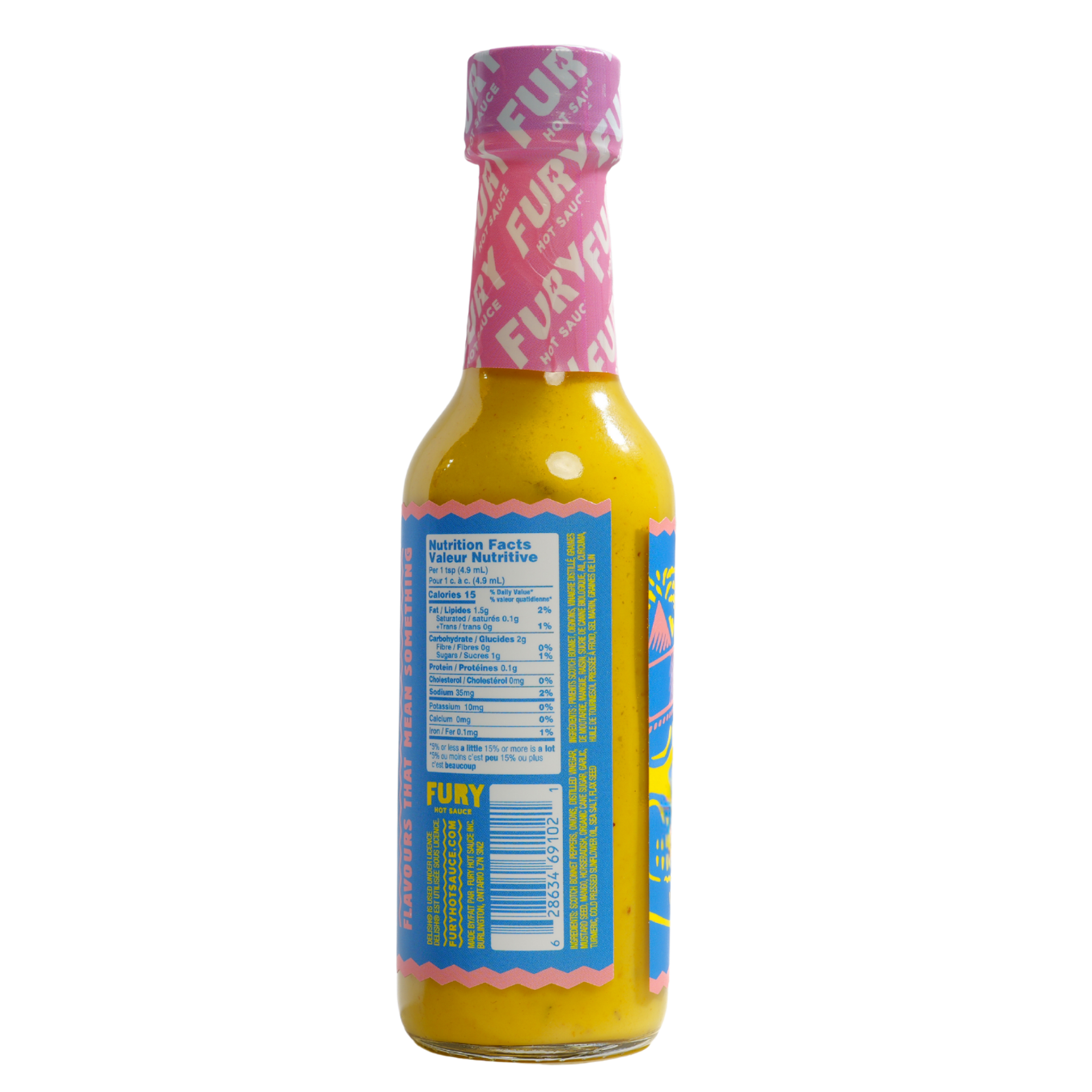 Delish x Fury Bajan hot sauce back label showing nutrition facts and ingredients
