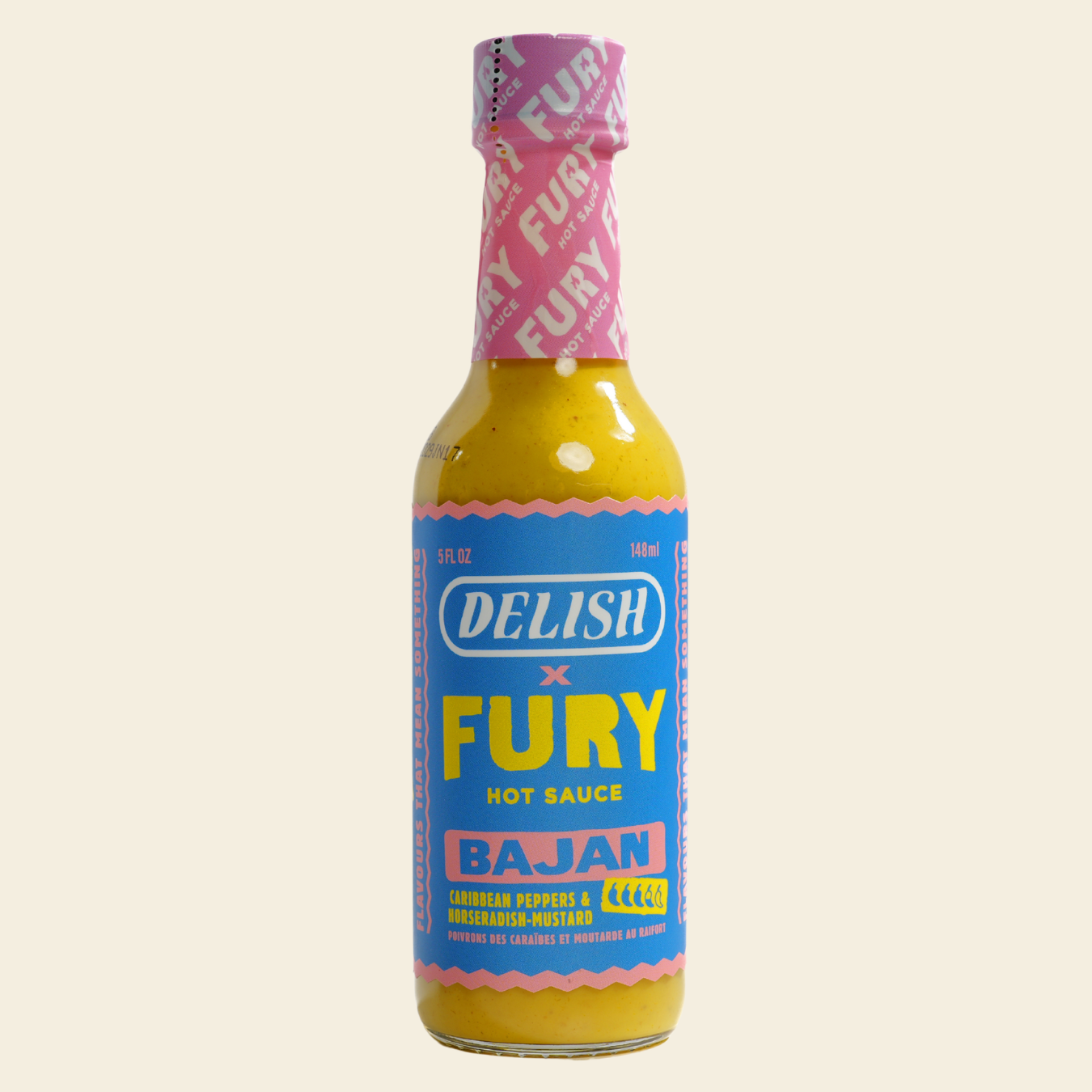 Delish x Fury Bajan Caribbean pepper and horseradish mustard hot sauce bottle on white background
