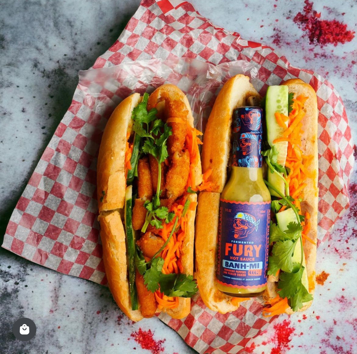 Banh-Mi hot sauce product detail showing pickled daikon radish and cilantro ingredients