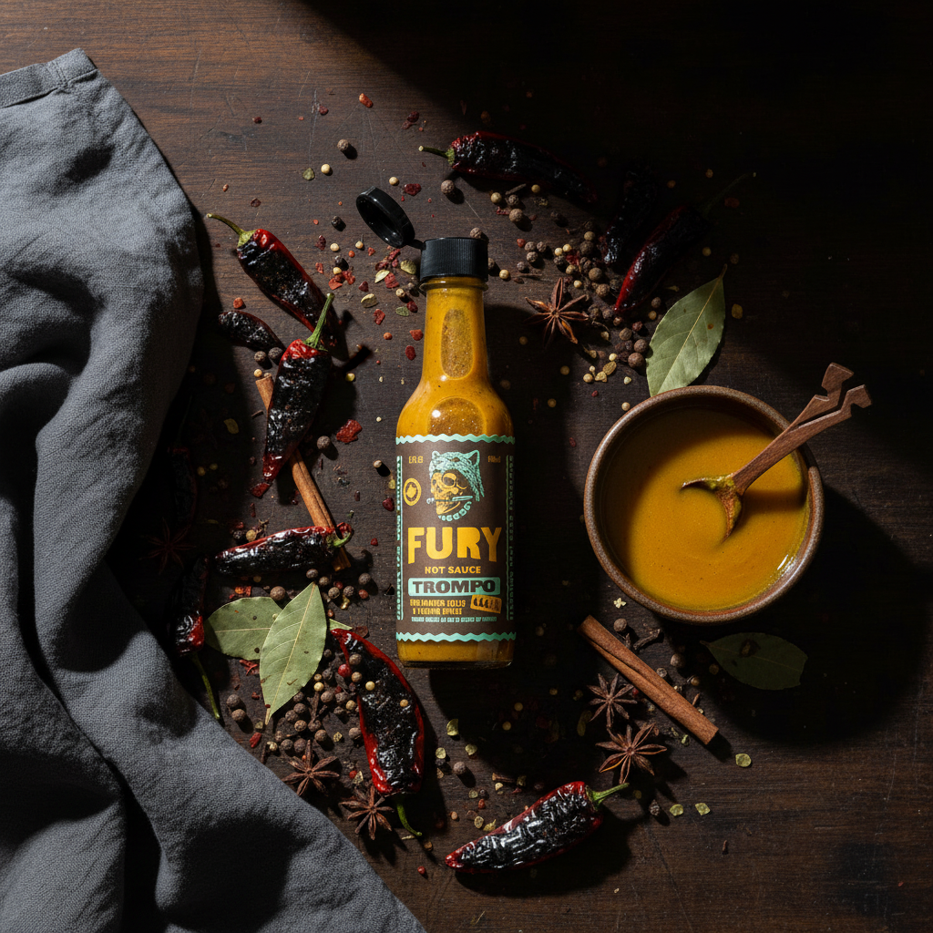 Fury Trompo fire-roasted chiles and Yucatan spices hot sauce bottle on white background
